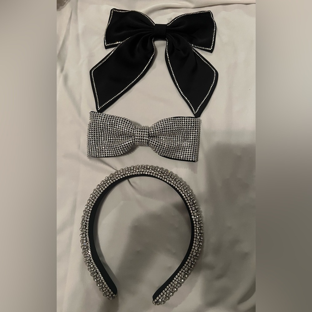 Elegant Black and Silver rhinestone bow hair clips and rhinestone headband Set